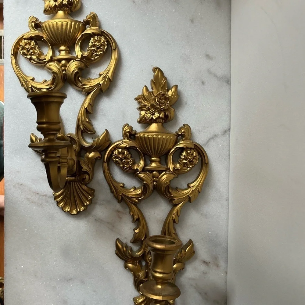 Vintage Pair Of Gold Wall Sconces Candle Holders Hollywood Regency Syroco